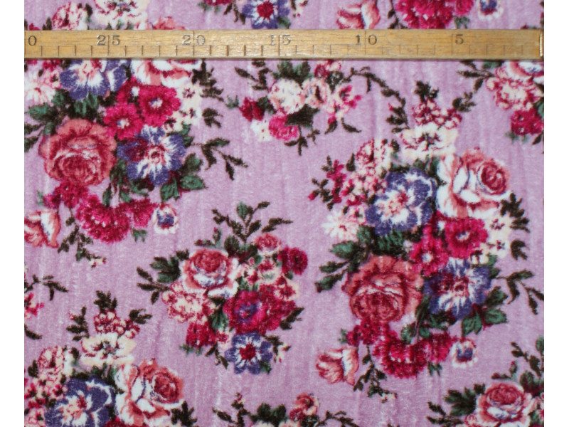 Strækvelour -  Støvet rosa bund m/ flere rosa/pink/lilla nuancer blomster. Nr. 5041