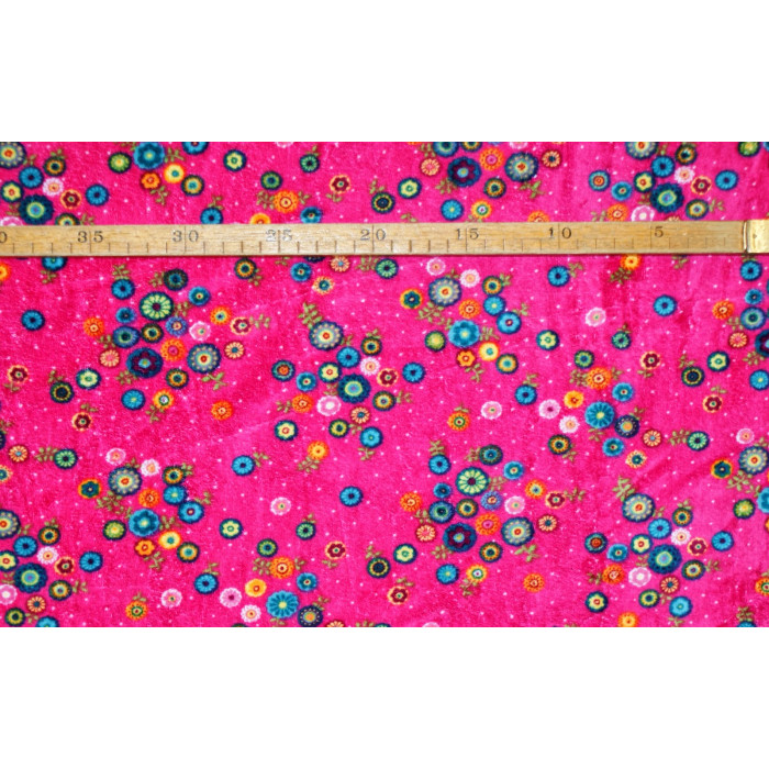 Strækvelour- Pink bund m/ multifarvede blomster. Nr. 5061